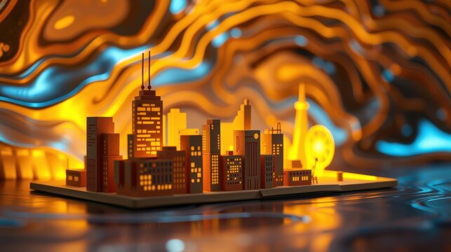 Miniature cityscape glows warmly. Abstract fluid backdrop creates dynamic visual contrast. Reflections enhance depth, offering surreal aesthetic.