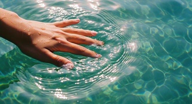 Woman hand touching water surface in swimming pool. Ripples spreading across clear blue liquid. Relaxation and summer vacation concept. Calm sensory experience in outdoor environment.
