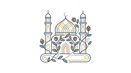 Islamic mosque with floral elements illustration. © Kucing