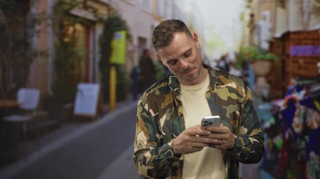 Man soldier wearing camouflage jacket smiling with tilted head while holding smartphone and texting on a narrow market street; pride duty.