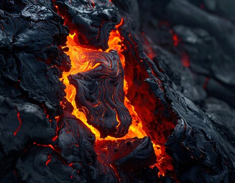 Molten lava flowing through charred remains.