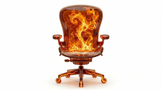 Burning office chair with orange flames, transparent glass ergonomic desk chair on fire, conceptual business burnout illustration on white background