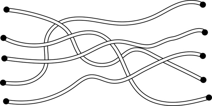 Vector illustration of a logic puzzle with tangled wavy lines and connection dots.