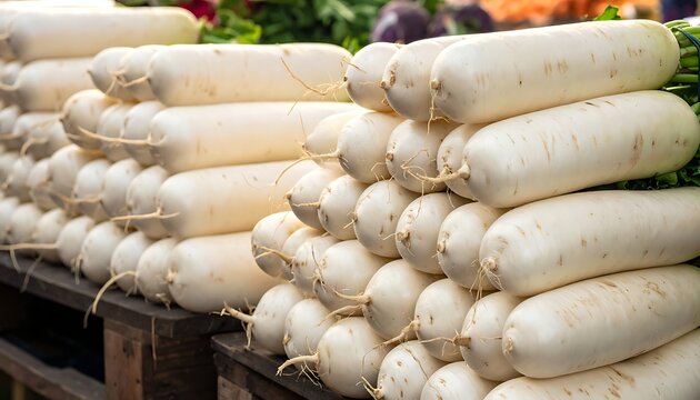 Fresh white daikon radish vegetable market.