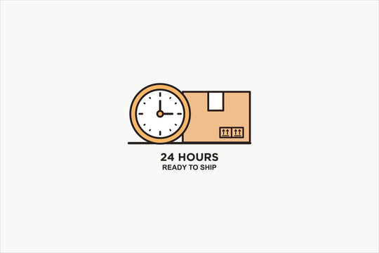 Vector illustration of a cardboard parcel box with a clock. 24 hours fast delivery, express shipping, and logistics concept isolated on plain background.