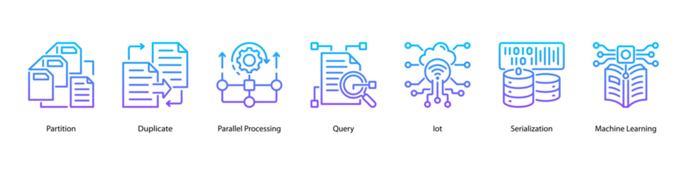 Intelligent Data web banner icon vector illustration featuring Partition, Duplicate, Parallel Processing, Query, IoT, Serialization, and Machine Learning.
