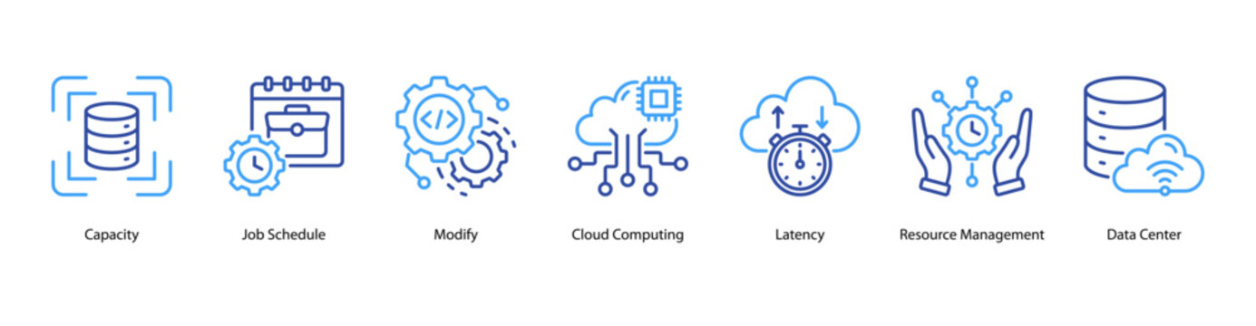 Cloud Resources web banner icon vector illustration featuring Capacity, Job Schedule, Modify, Cloud Computing, Latency, Resource Management, and Data Center.