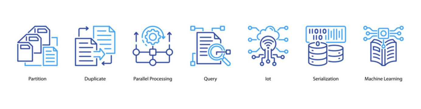 Intelligent Data web banner icon vector illustration featuring Partition, Duplicate, Parallel Processing, Query, IoT, Serialization, and Machine Learning.