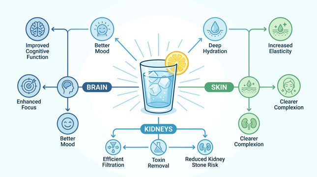 Infographic on hydration's benefits How water intake optimizes brain function, enhances skin, and supports kidney health for overall well-being
