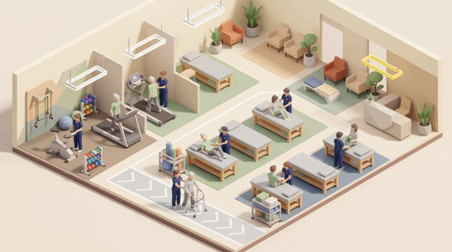 Isometric view of a modern spa and wellness center interior design.
