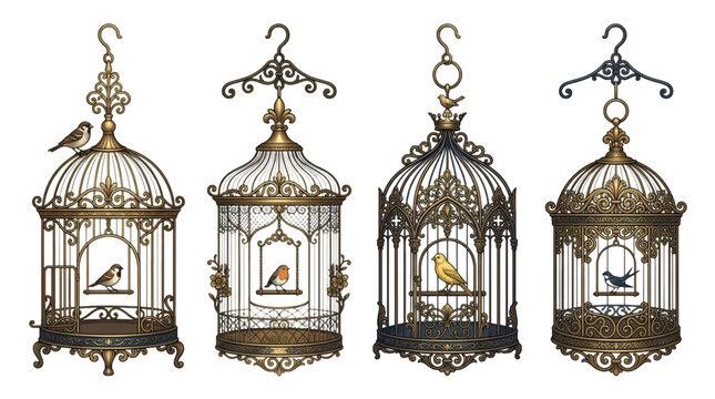Four ornate birdcages with decorative toppers and intricate bar designs for vintage ornamental vector collection