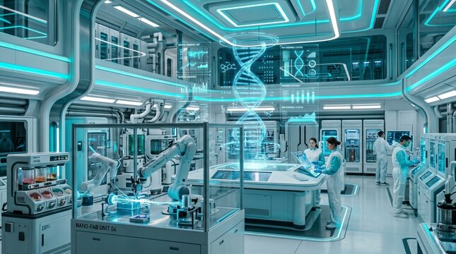 Several scientists or technicians wearing white cleanroom suits and protective eyewear are monitoring data on interactive tabletops and wall consoles.