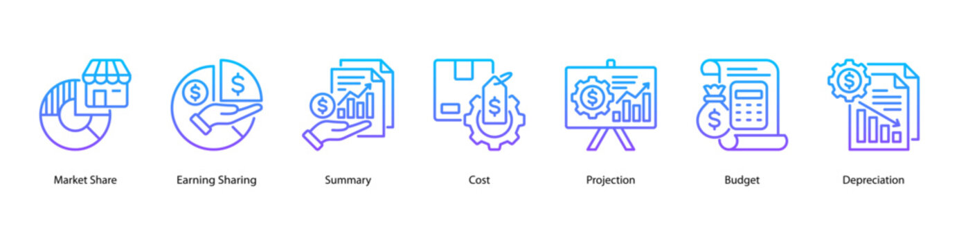Business Finance web banner icon vector illustration featuring Market Share, Earning Sharing, Summary, Cost, Projection, Budget, and Depreciation.