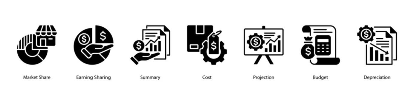 Business Finance web banner icon vector illustration featuring Market Share, Earning Sharing, Summary, Cost, Projection, Budget, and Depreciation.