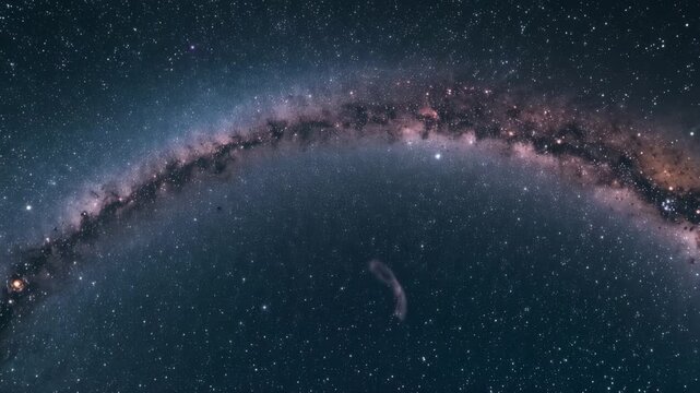 超広角のパノラマで天の川を大弧として捉え星の密度変化を描写