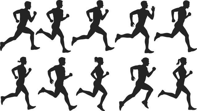 Black running athlete silhouettes set, men and women jogging icons, marathon runner poses bundle, active people sports vector for fitness