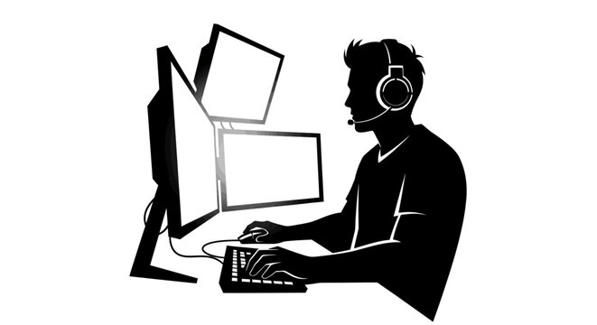 Black silhouette of man working on computer with headset and dual monitors