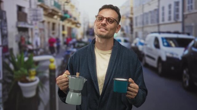 Man in robe holds a moka coffee pot and teal mug in hands on a street lined with parked vans and planters; morning ritual contentment.