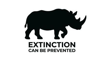 Black silhouette of a rhinoceros with extinction prevention text. © vek