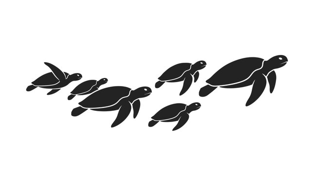 Black silhouette group of sea turtles swimming in the ocean.