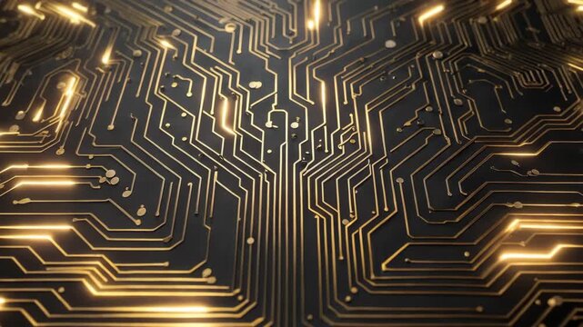 黒地に金の配線が輝くラグジュアリー回路アートの高品位バリエーション、人物なし