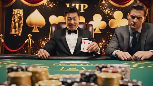 Asian man in tuxedo deals cards at VIP casino table with chips and playing cards.