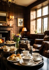 Naklejka premium Elegant Traditional English Afternoon Tea Set with Scones and Sandwiches in a Cozy Wood-Paneled Library Room