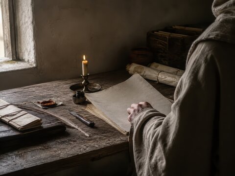 Monk reading old parchment at wooden table in medieval scriptorium. Man scholar studying ancient manuscript by candlelight. Historical education and literature research in monastery