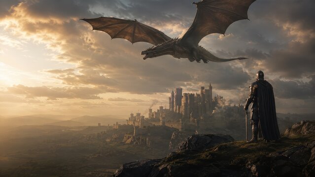 Knight in dark armor standing on a cliff watching a dragon flying over a medieval castle. Epic fantasy scene with historic fortress architecture. Heroic tale and mythology concept