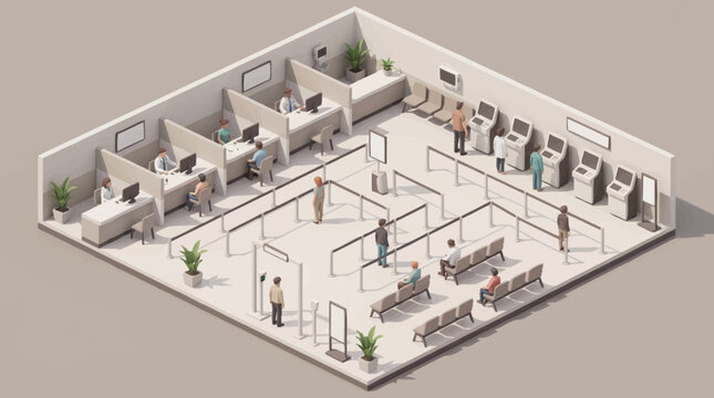 Isometric view of a modern bank interior with cubicles and ATMs.