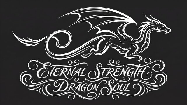 White Stylized Dragon with Ornate Calligraphy: &bdquo;Eternal Strength, Dragon Soul&ldquo; Fantasy Vector Design on Black Background