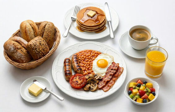 A full breakfast with American pancakes, eggs with bacon, sausages, beans, a bread basket, fruit salad, and coffee on a white background