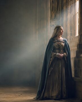 Medieval woman wearing a vintage cloak and long dress standing in a dark stone castle hall. Historical queen or noble lady in rays of light looking through a window. Fantasy legend