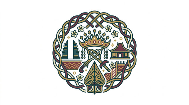 Ornate Circular Emblem with Cultural Symbols and Crown.