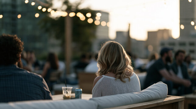 Wide urban rooftop scene at golden hour where a remote startup team holds an awkward first in-person meetup, some shaking hands for the first time despite months of collaboration,
