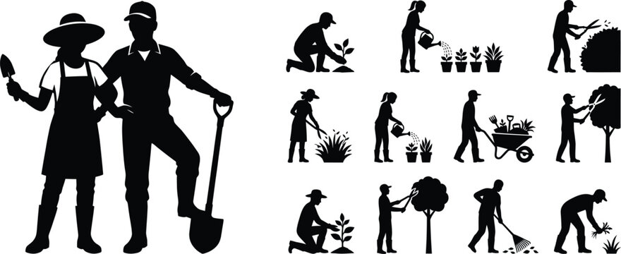 Gardener silhouette vector set for gardening design with shovel