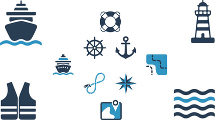 Maritime navigation graphic element pack isolated on white background containing sailing steering wheel life buoy vest map and sea wave icons. © Quadra