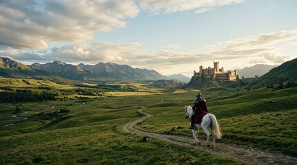 Obraz premium Knight riding horse toward stone castle in mountain valley. Medieval warrior in armor traveling through green landscape scenery. Epic historical fantasy adventure and travel concept