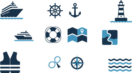 Maritime navigation graphic element pack isolated on white background containing sailing steering wheel life buoy vest map and sea wave icons. © Quadra