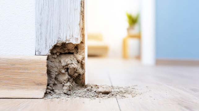 Home interior scene featuring damaged wooden floor and baseboard, revealing crumbling material from termite or moisture decay