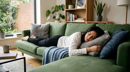 Obraz premium Young woman finding serene comfort and deep relaxation during a peaceful nap on a plush green sofa in her modern and inviting home