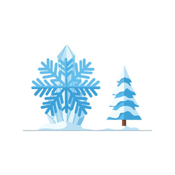 Large blue snowflake next to tree.