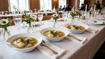 Fototapeta premium Traditional Danish Hønsekødssuppe Served Elegant Nordic Wedding Table