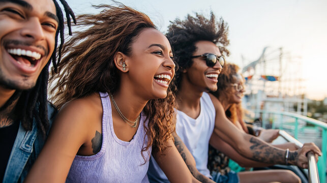 Cheerful young friends enjoying a thrilling roller coaster ride, feeling excitement and joy with golden sunlight at sunset