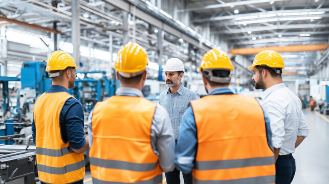 Industrial team brainstorming, collaborating on project inside modern factory, ensuring safety and efficiency in operations