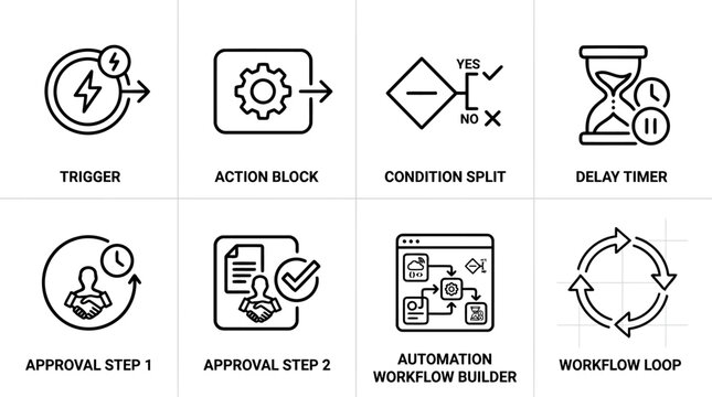 Automation workflow builder and business process management icons showing triggers action blocks condition splits delay timers approval steps and workflow loops for efficient company operations.