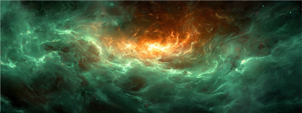 Cosmic nebula ethereal glow, swirling gas interstellar dust ablaze vibrant hues orange emerald.