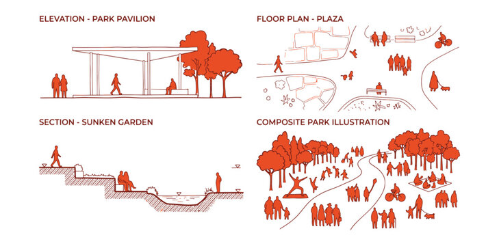 Urban Plaza Pavilion Architectural Presentation Vector Plan Section Elevation Set