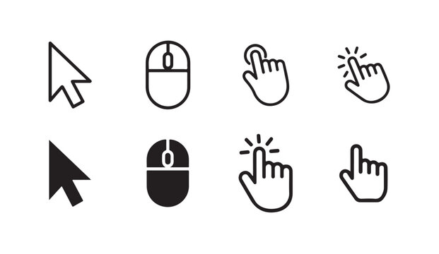 Mouse cursor clicks, hand pointer clicks and arrows, click here button signs.