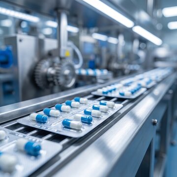 Automatisierte pharmazeutische Produktionslinie: Blau-wei&szlig;e Kapseln in Blisterverpackungen auf einem Flie&szlig;band in einer modernen, sterilen Fabrik
